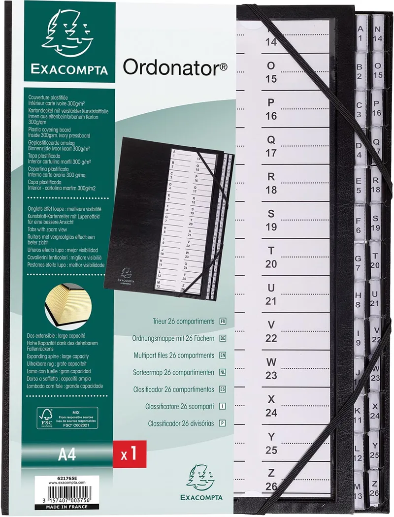 sorteermap Ordonator met harde kaft, bedrukte alfabetische ruiters, 26 vakken, zwart de Exacompta – photo produit