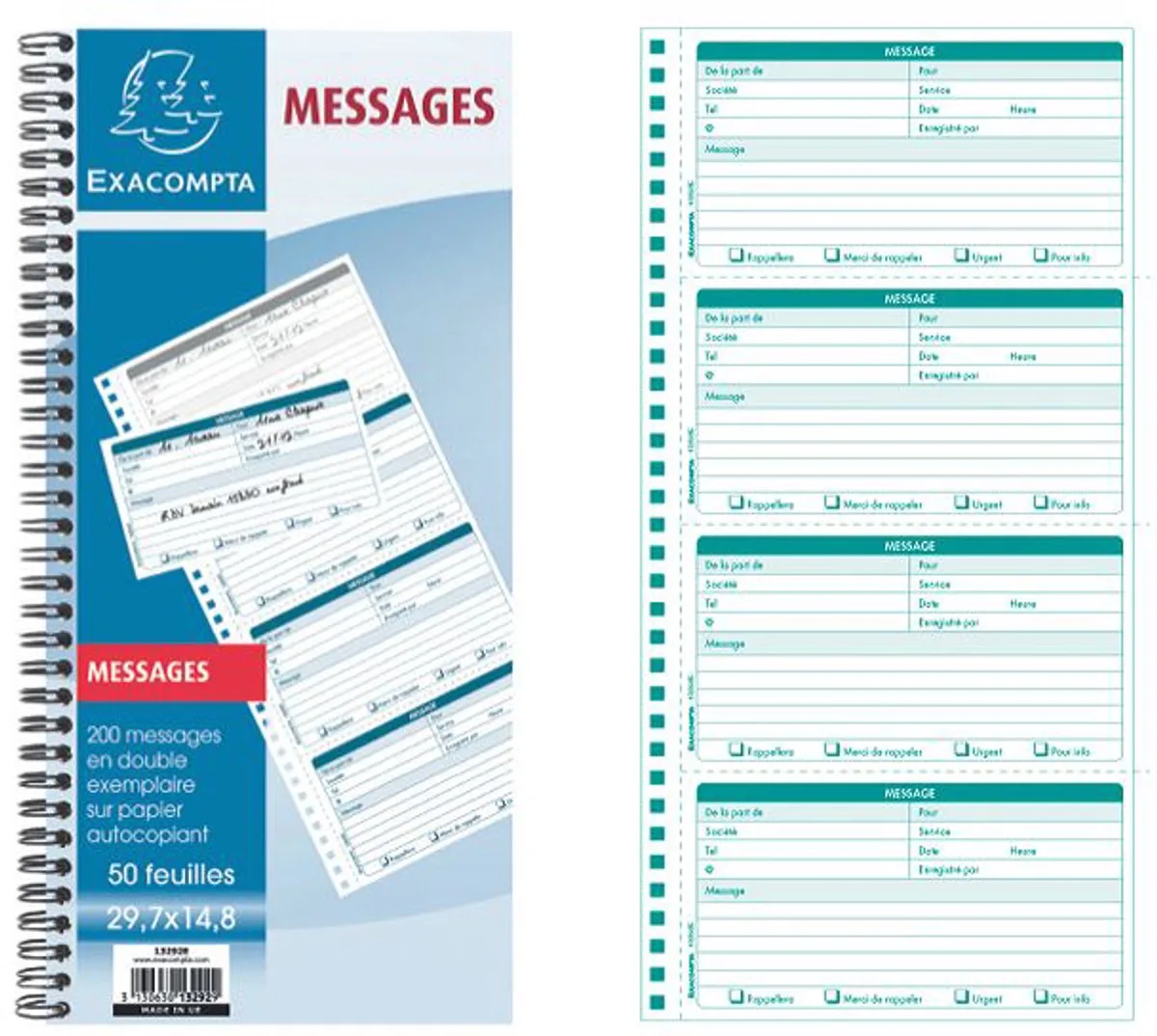 Spiraalschrift 29,7x14,8cm - telefoonboodschappen (4 per blad) - 50 bladen dupli zelfkopiërend - - 13292E fra Exacompta i Blå – produktbillede