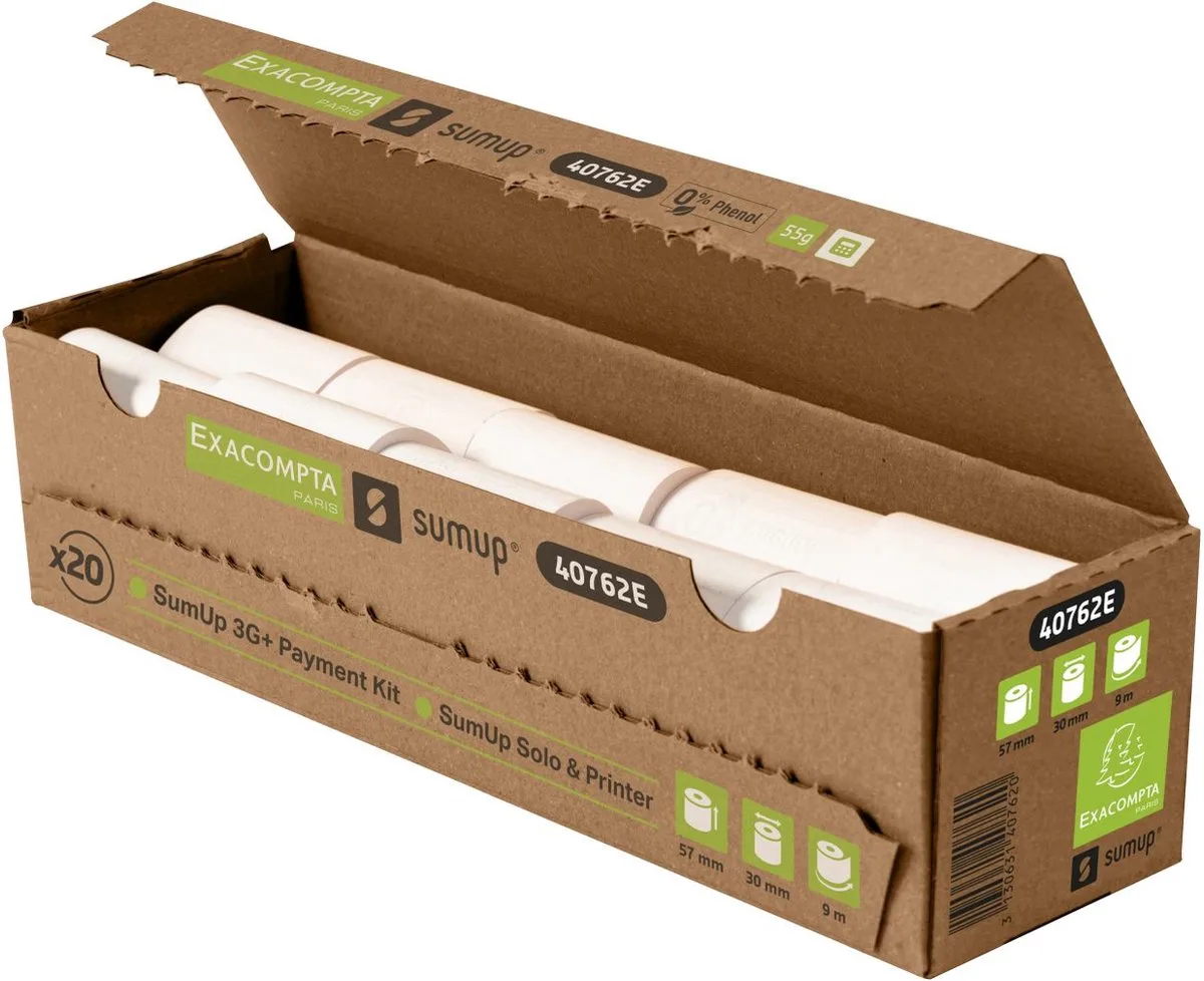 SumUp Pinrollen - Thermische Kassarollen - Phenol-vrij - 57x30 mm - 9 meter - 20 rollen von Exacompta in Weiß – Produktfoto