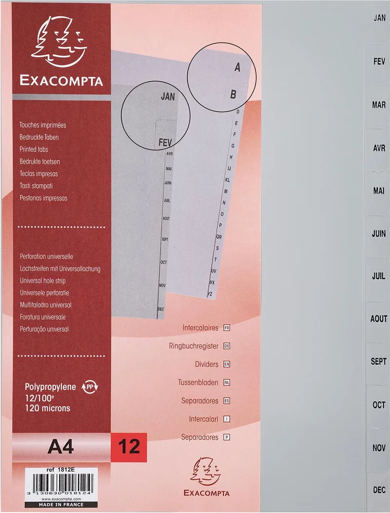 tabbladen maandelijks A4, uit PP, 12 tabs, jan-dec, grijs, Frans by Exacompta – product photo