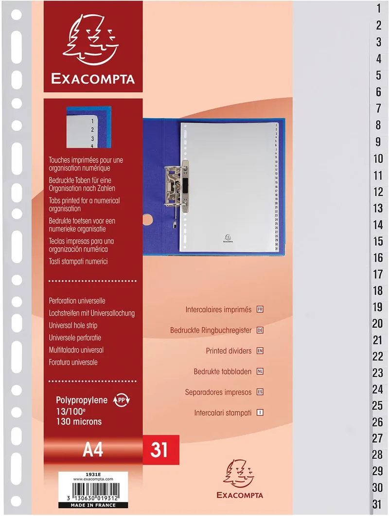 tabbladen numeriek voor ft A4, uit PP, 31 tabs, grijs de Exacompta – photo produit
