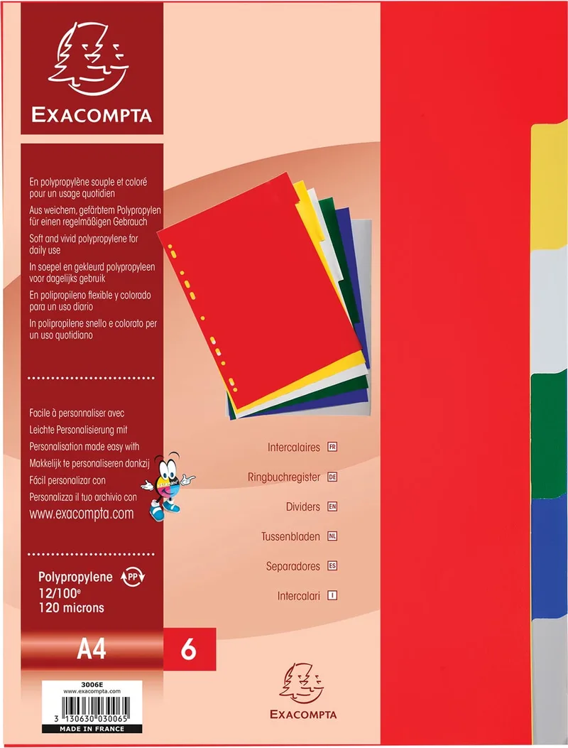 tabbladen voor ft A4, uit PP 12/100e, 6 tabs, geassorteerde kleuren by Exacompta – product photo