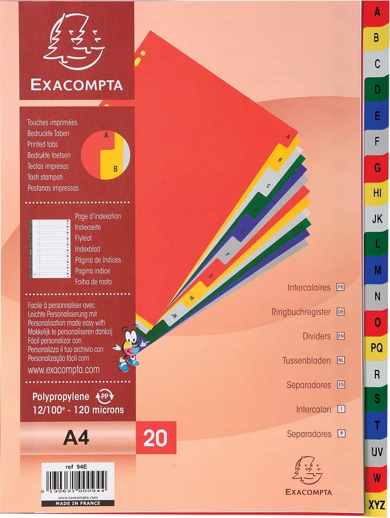 tabbladen voor ft A4, uit PP, van A tot Z, 20 tabs, met indexblad, geassorteerde kleuren by Exacompta – product photo
