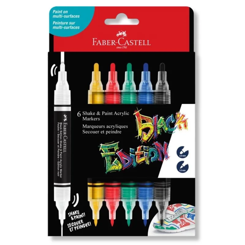 Black Edition Shake & Paint Acrylic Markers Set of 6 (Classic Colours) (285507) de Faber-Castell – photo produit