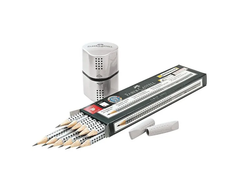 Bleistift Grip 2001, (15-tlg), Sonderset inkl. Radierkappen und Spitzdose, HB (mittelweich), Dreikant fra Faber-Castell i Sort, Sølv – produktbillede