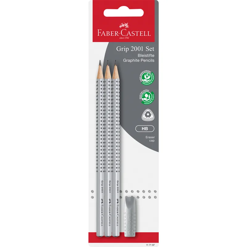 Bleistift Grip 2001 HB 3x +Radierer BK von Faber-Castell – Produktfoto