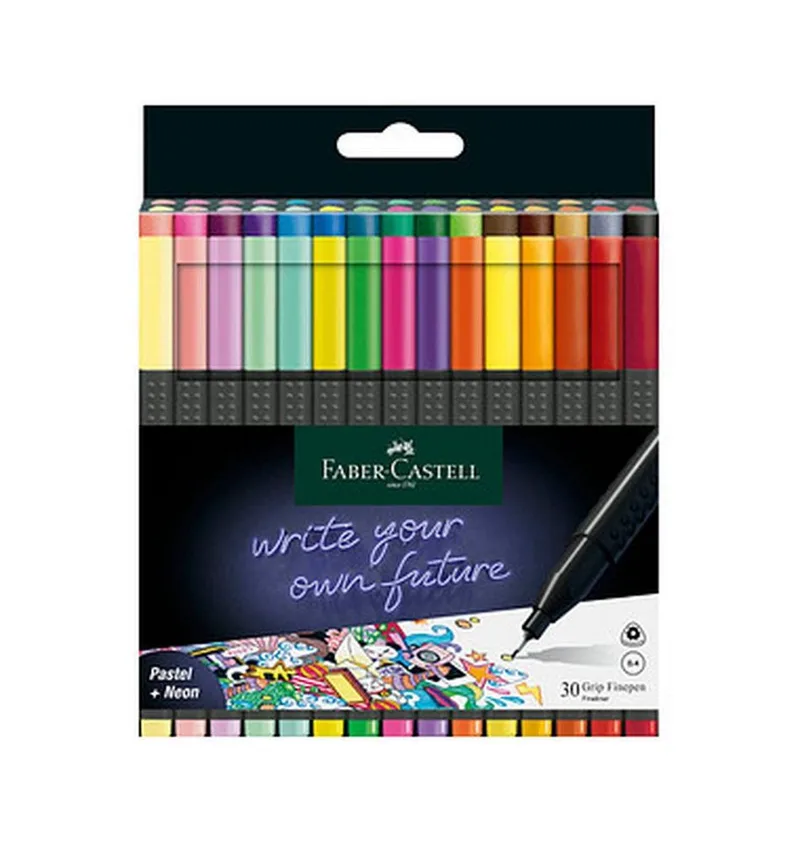 Fineliner Grip Finepen 30er Etui, (30-tlg), inkl. Pastel- und Neon-Farben, Linkshänder und Rechtshänder geeignet von Faber-Castell – Produktfoto