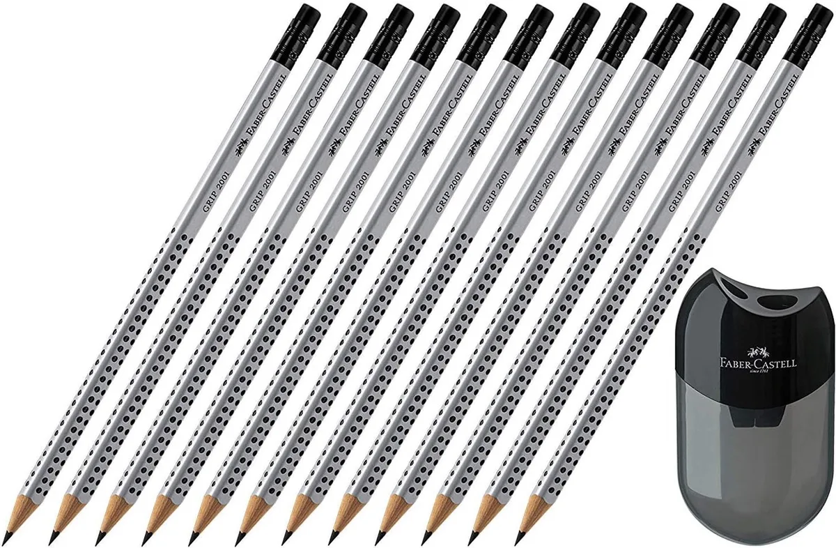 Grip 2001 HB Potloden Set met Gum (12 stuks) van Faber-Castell in Zwart, Zilver Zwart – productfoto