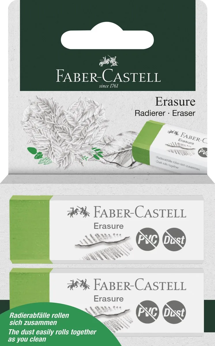 Gum PVC Vrij en Stofvrij - 2 stuks op blister - duurzaam gommen dankzij de kartonnen verpakking - FC-187257 van Faber-Castell in Groen – productfoto