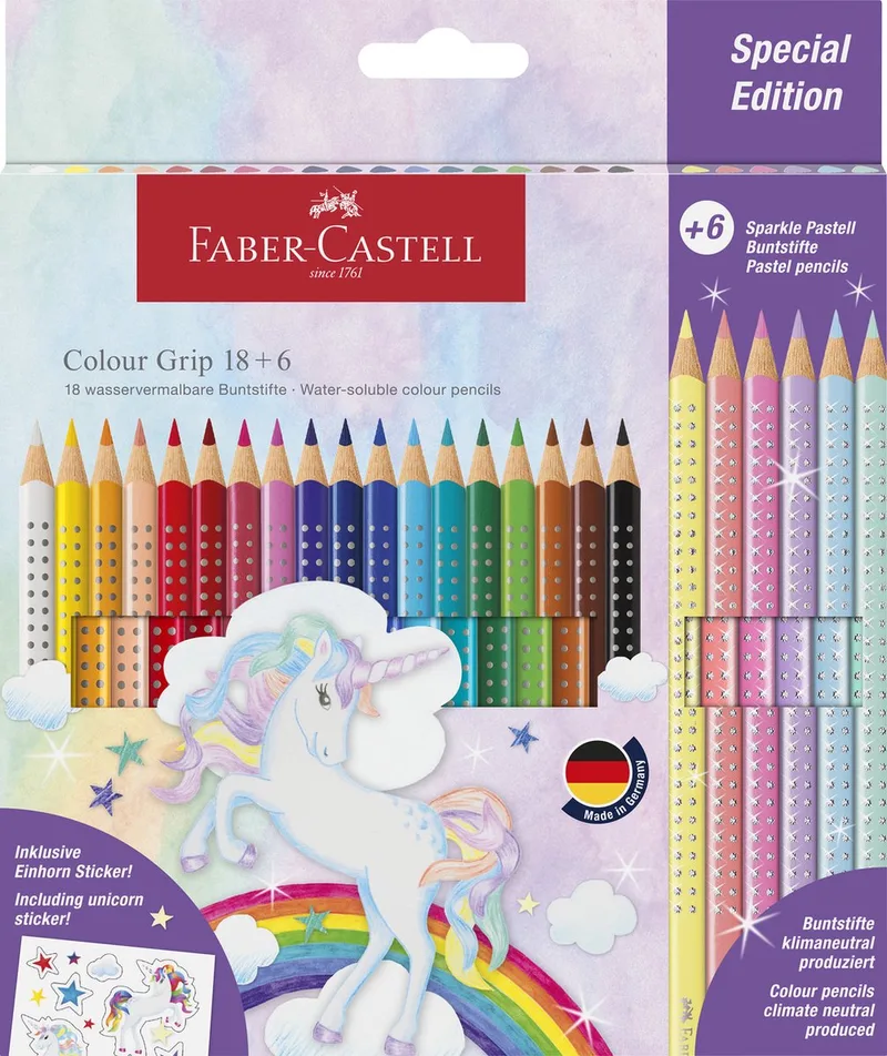 kleurpotloden - Grip Unicorn - 18 colour grip + 6 sparkle pastel + unicorn stickers - FC-201543 by Faber-Castell in Assorti – product photo