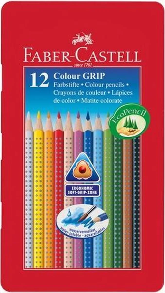 Kleurpotlood Faber Castell GRIP metalen etui a 12 stuks doos met 5 stuks van Faber-Castell in Blauw – productfoto