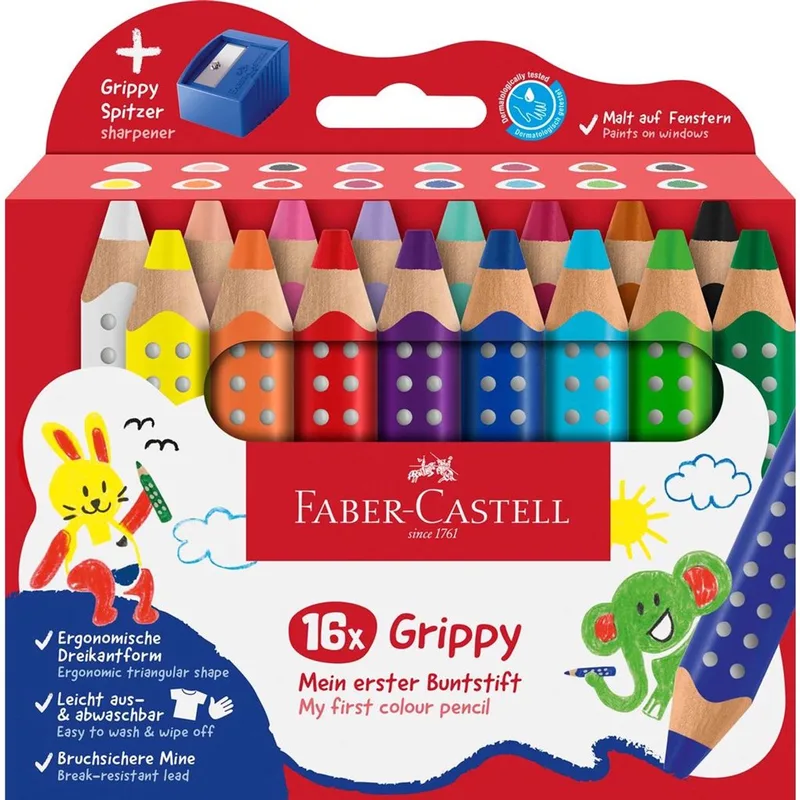 Set de 16 crayons de couleur Grippy avec taille-crayon de Faber-Castell en Kleurpotlood Faber-Castell Grippy XXL Jumbo etui 16 stuks en puntenslijper – photo produit