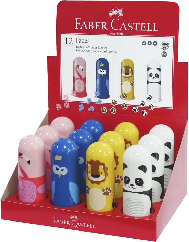 Radierer-Spitzer-Kombi Faces, im Display von Faber-Castell – Produktfoto
