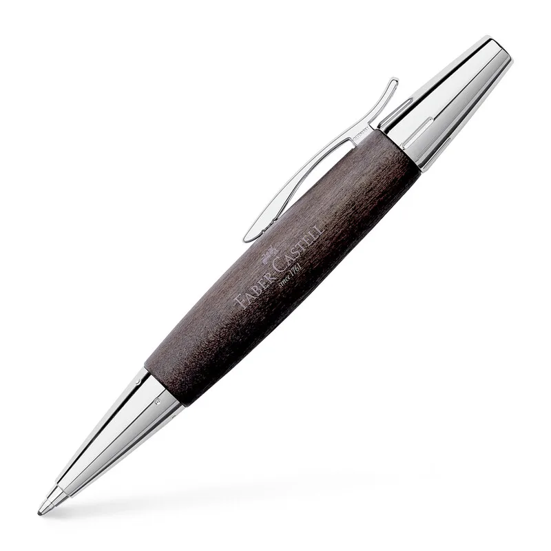 Stylo-bille rétractable E-Motion en bois de poirier et chrome noir van Faber-Castell – productfoto