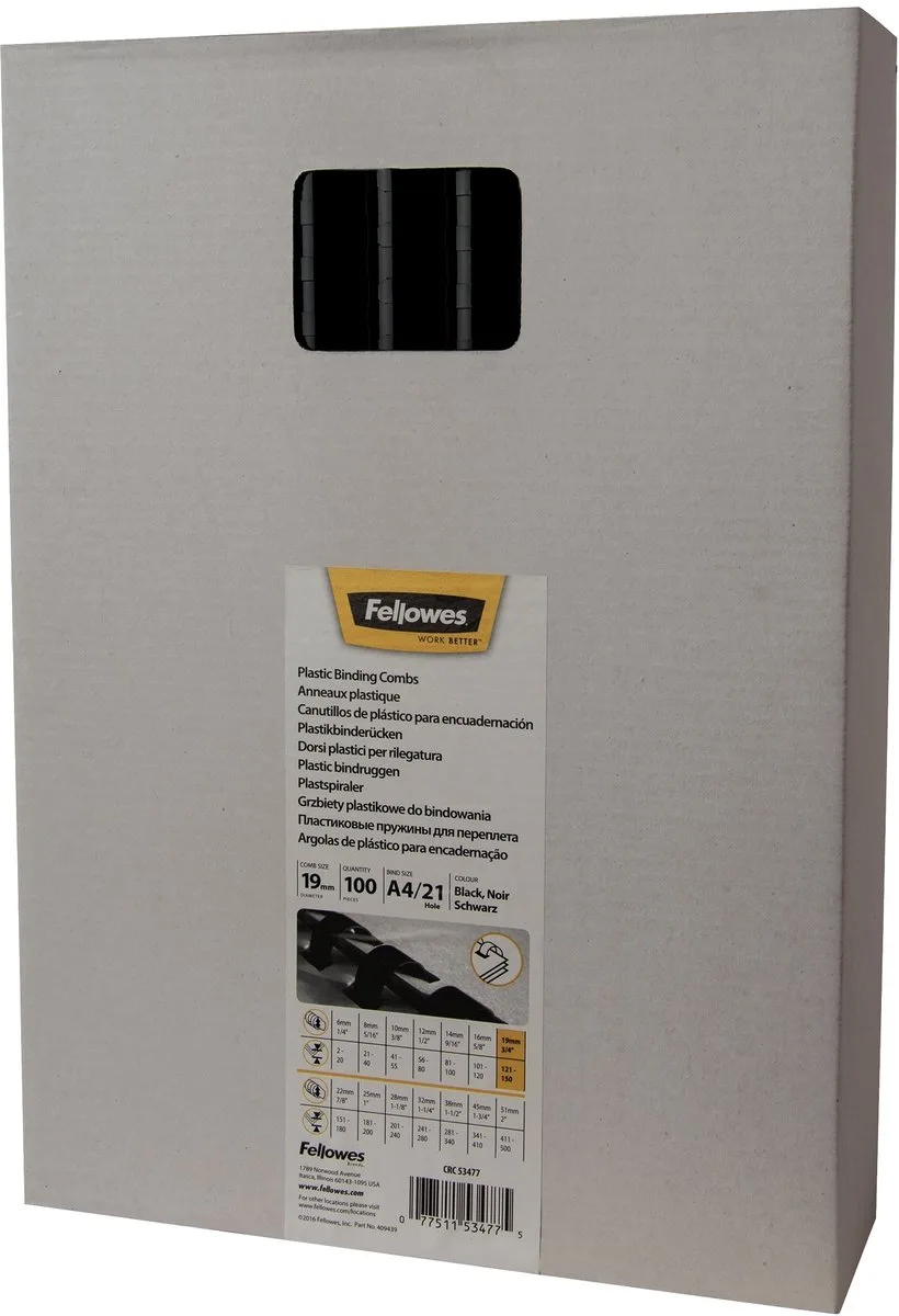Bindruggen 19 mm – 150 Vel – Bindrug A4 – 21 Rings – Voor Inbindmachines (Set) van Fellowes in Plastic – productfoto