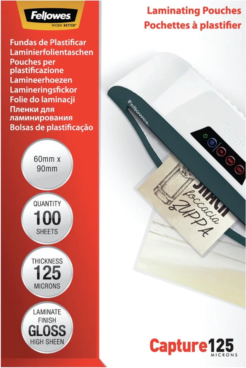 lamineerfolie 60x90 mm - glanzend - 125 micron - 100 stuks van Fellowes in Transparant – productfoto