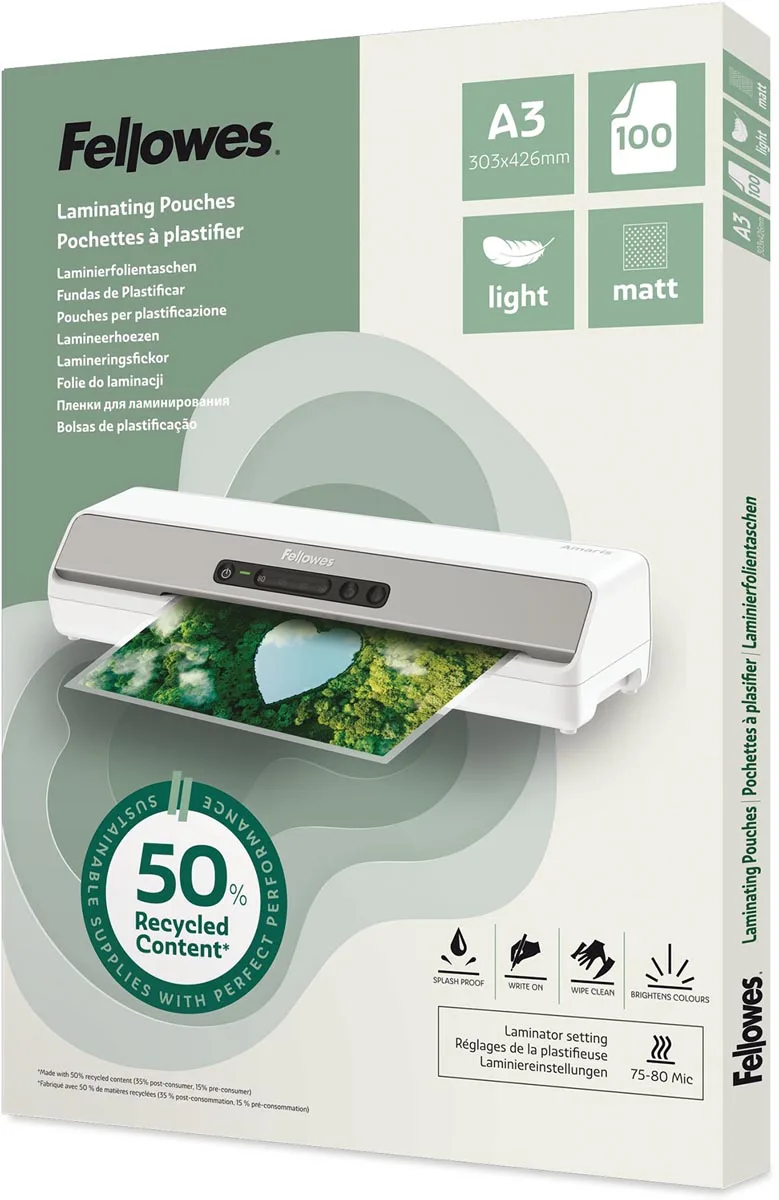 lamineerhoes 50 % gerecycleerd, mat, ft A3, pak van 100 stuks de Fellowes – photo produit