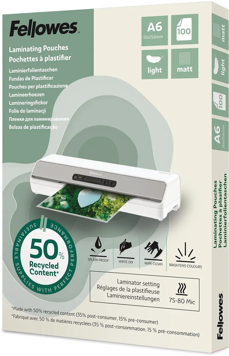 lamineerhoes 50 % gerecycleerd, mat, ft A6, pak van 100 stuks by Fellowes – product photo