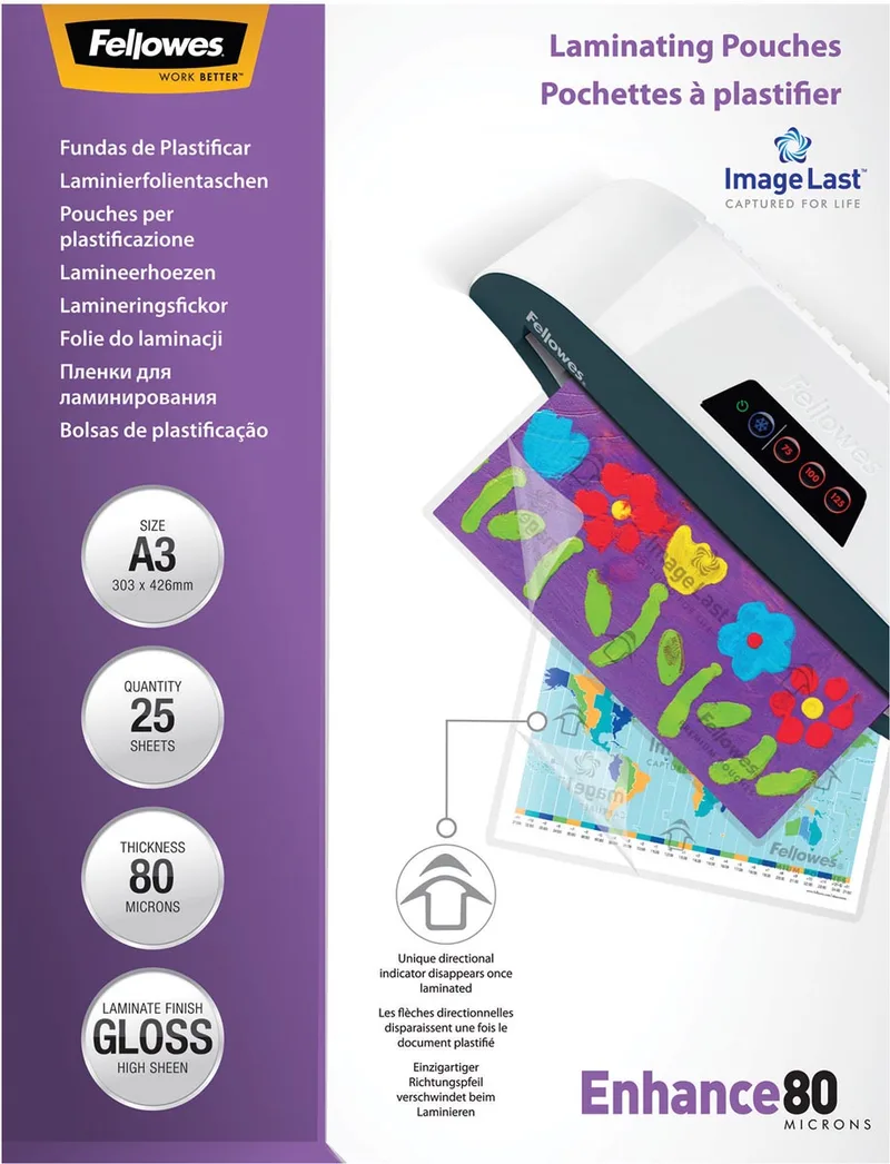 lamineerhoezen Enhance80 ft A3, 160 micron (2 x 80 micron), glanzend, pak van 25 stuks by Fellowes – product photo