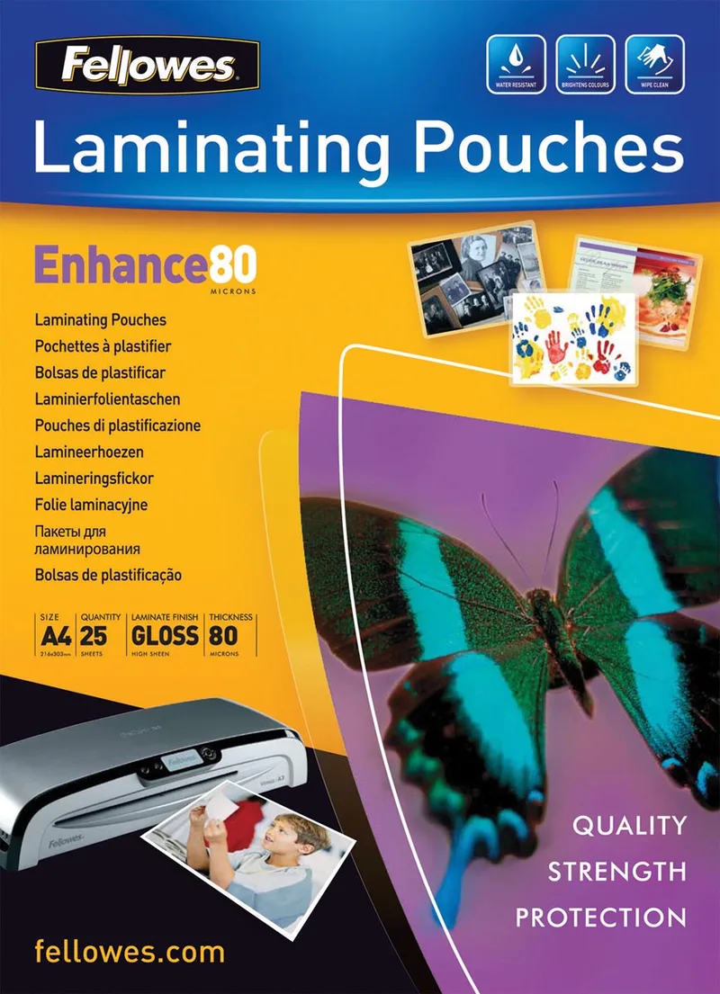 lamineerhoezen ft 210 x 297 mm, 160 micron (2 x 80 micron), glanzend, pak van 25 stuks by Fellowes – product photo