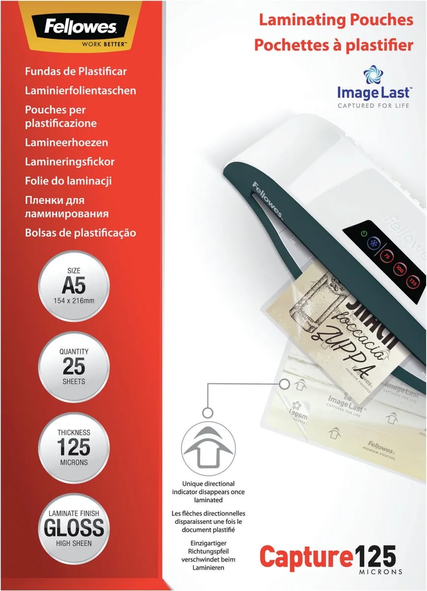 lamineerhoezen ImageLast A5 125 Micron 25 stuks van Fellowes in Transparant – productfoto