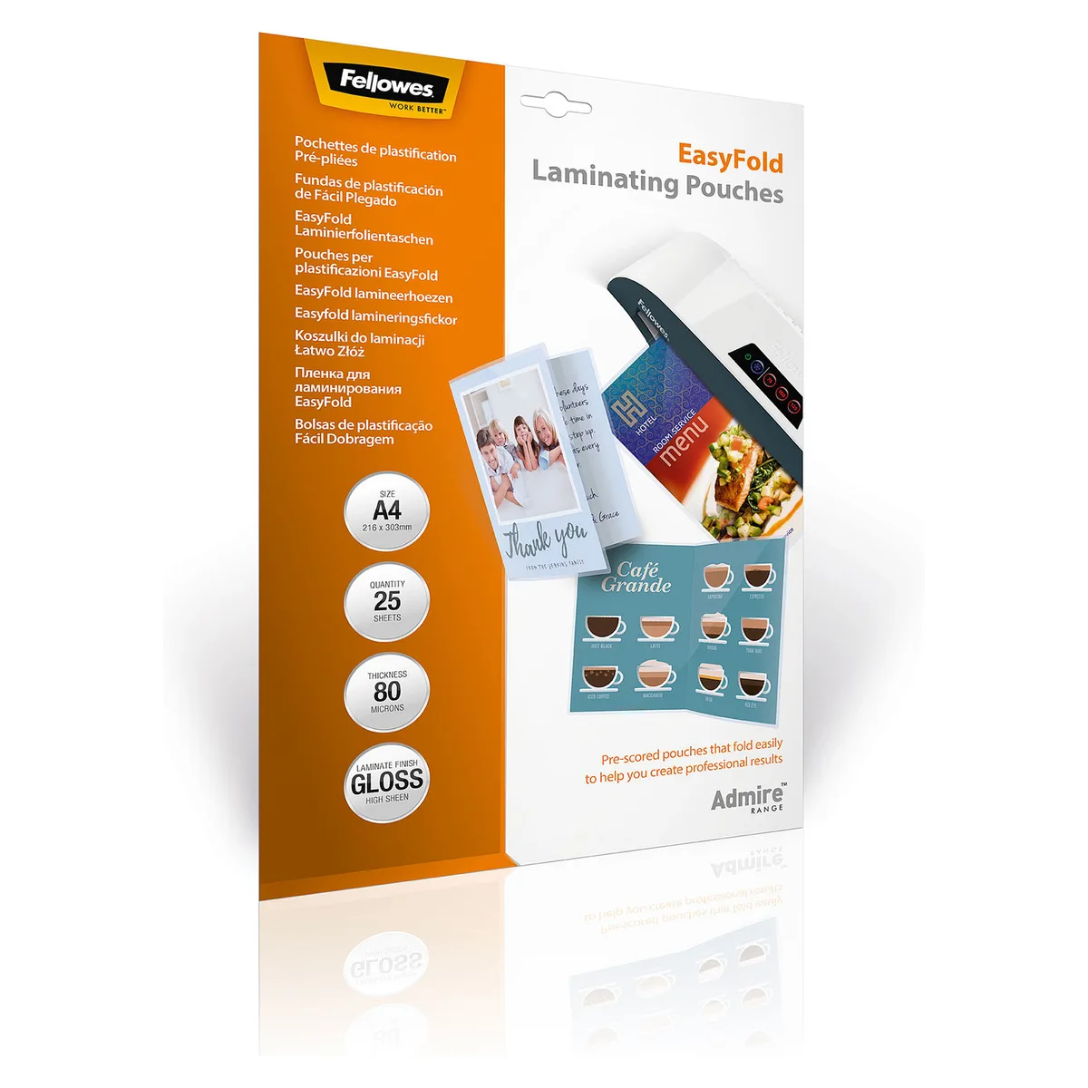 Laminierfolie Admire A4 80Mikron glänzend 25er Pack van Fellowes – productfoto