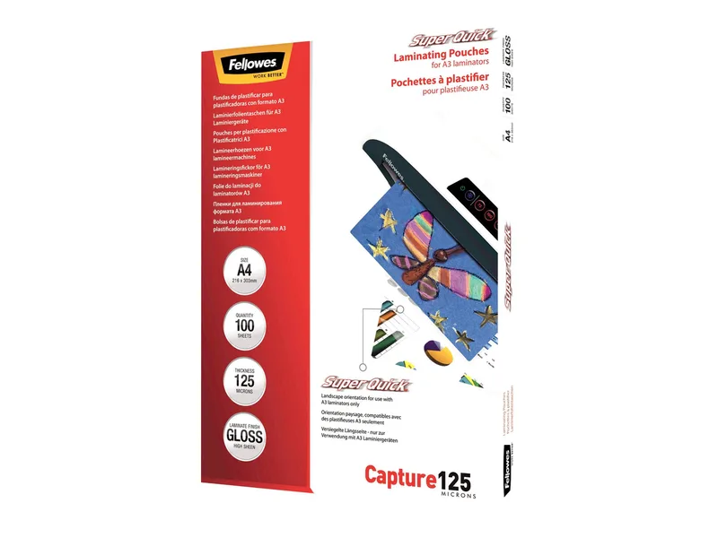 Laminierfolie SuperQuick A4 125Mikron glänzend 100P by Fellowes – product photo