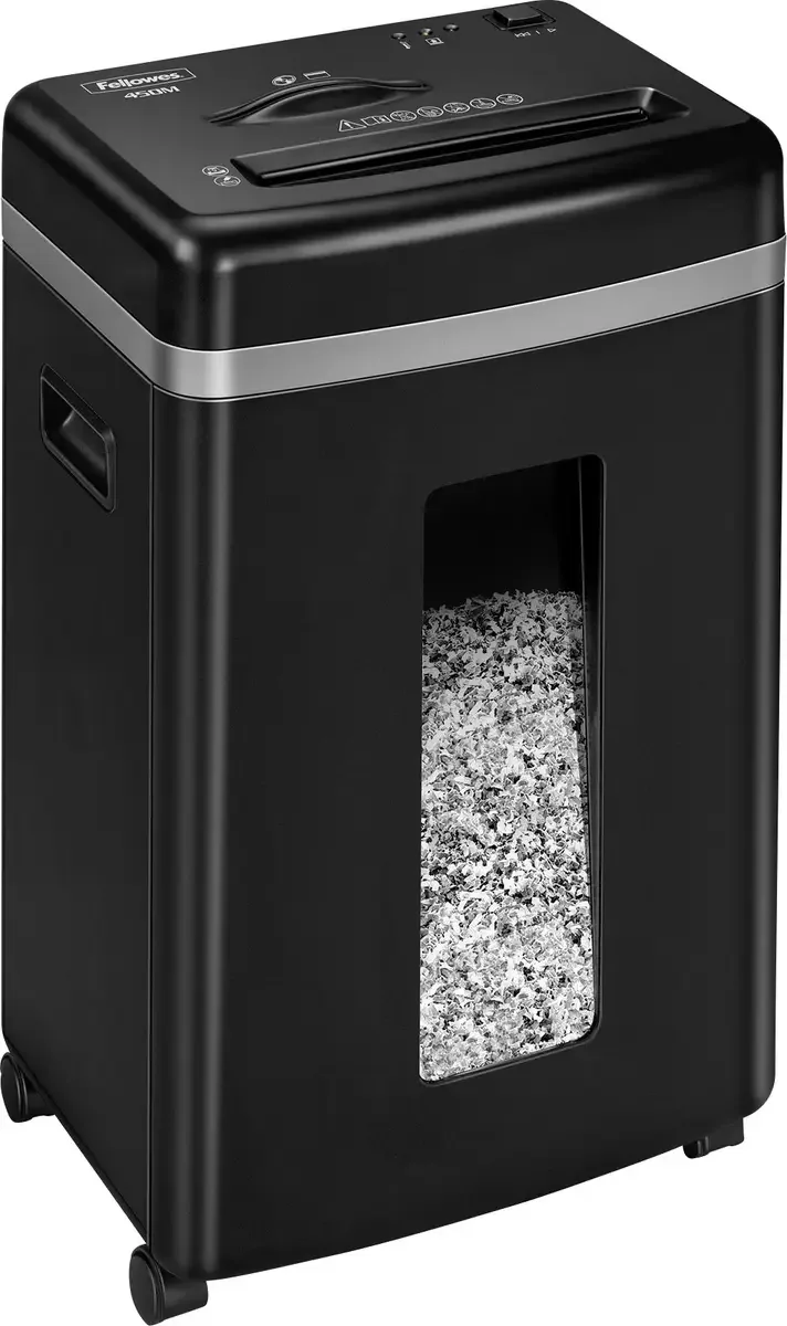 Microshred™ 450M Aktenvernichter 9 Blatt Partikelschnitt 2 x 12 mm P-5 22 l Vernichtet auch Büroklammern, CDs, DVDs, Heftklammern, Kreditkarten by Fellowes – product photo