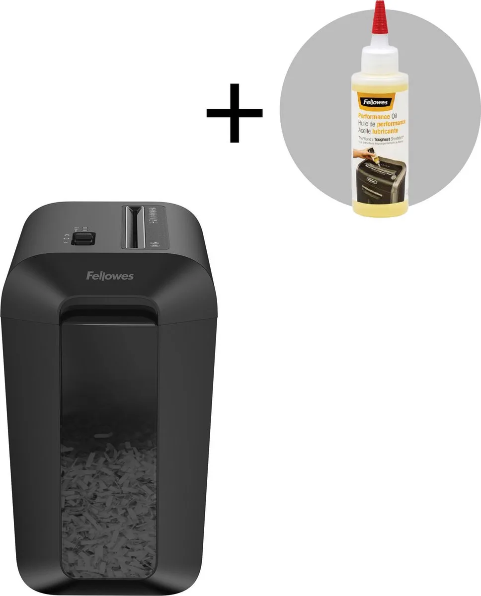 Powershred LX65 Cross-Cut Papierversnipperaar + Fellowes Onderhoudsolie 120ml von Fellowes in Schwarz – Produktfoto