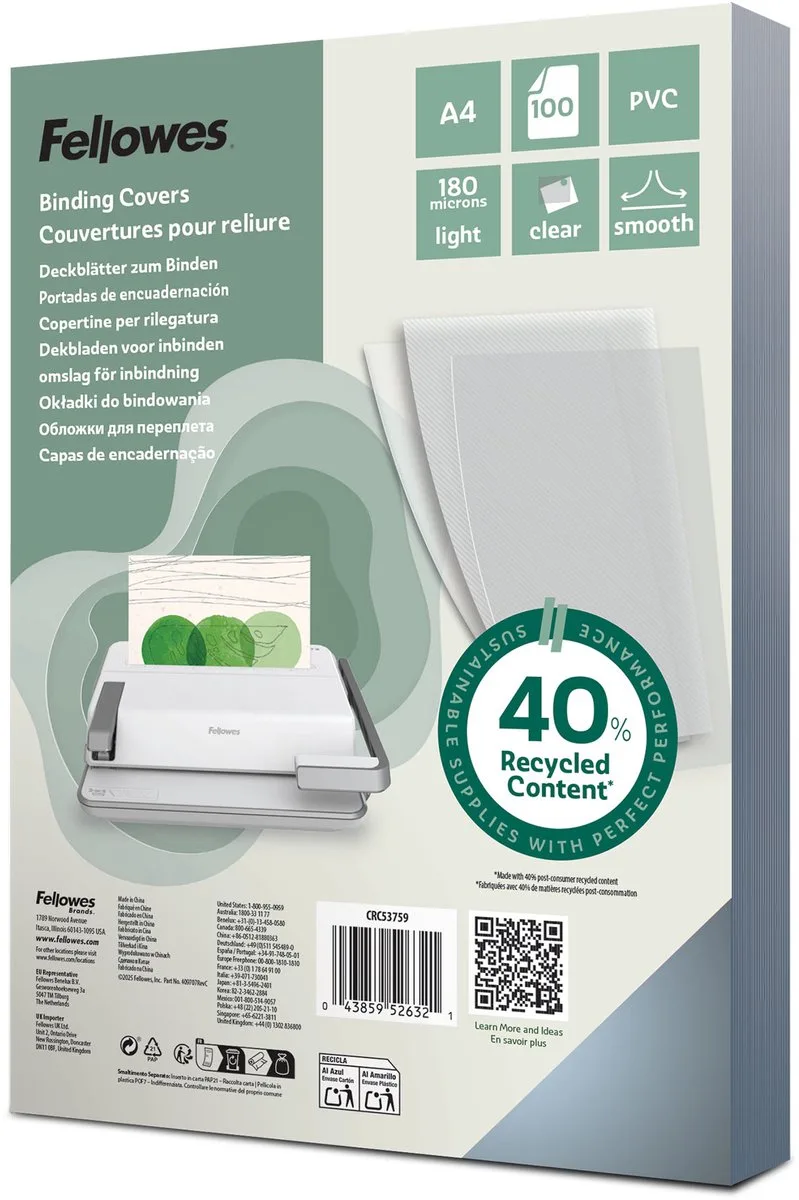 Schutbladen A4 - 180 micron - 100 stuks van Fellowes in Transparant – productfoto