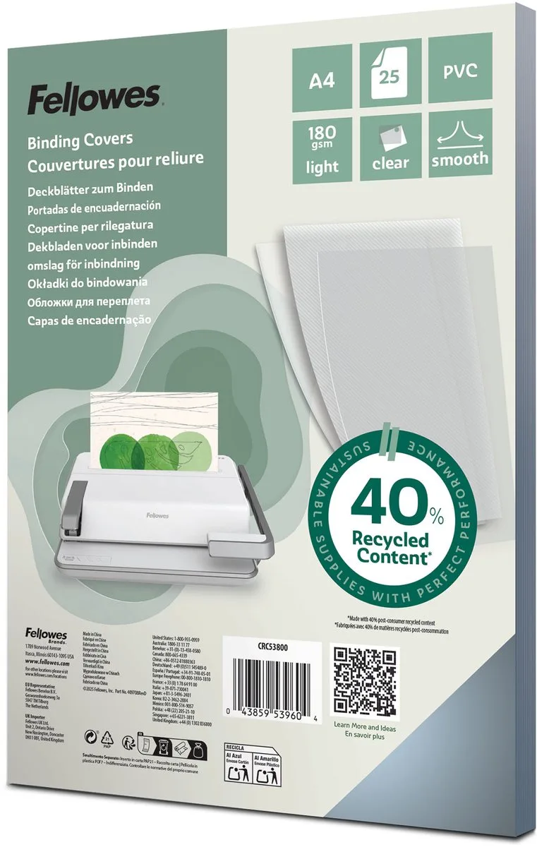 Schutbladen A4 – 180 Micron – PVC Covers – 25 Stuks – Voor Inbindmachine by Fellowes in Transparent – product photo