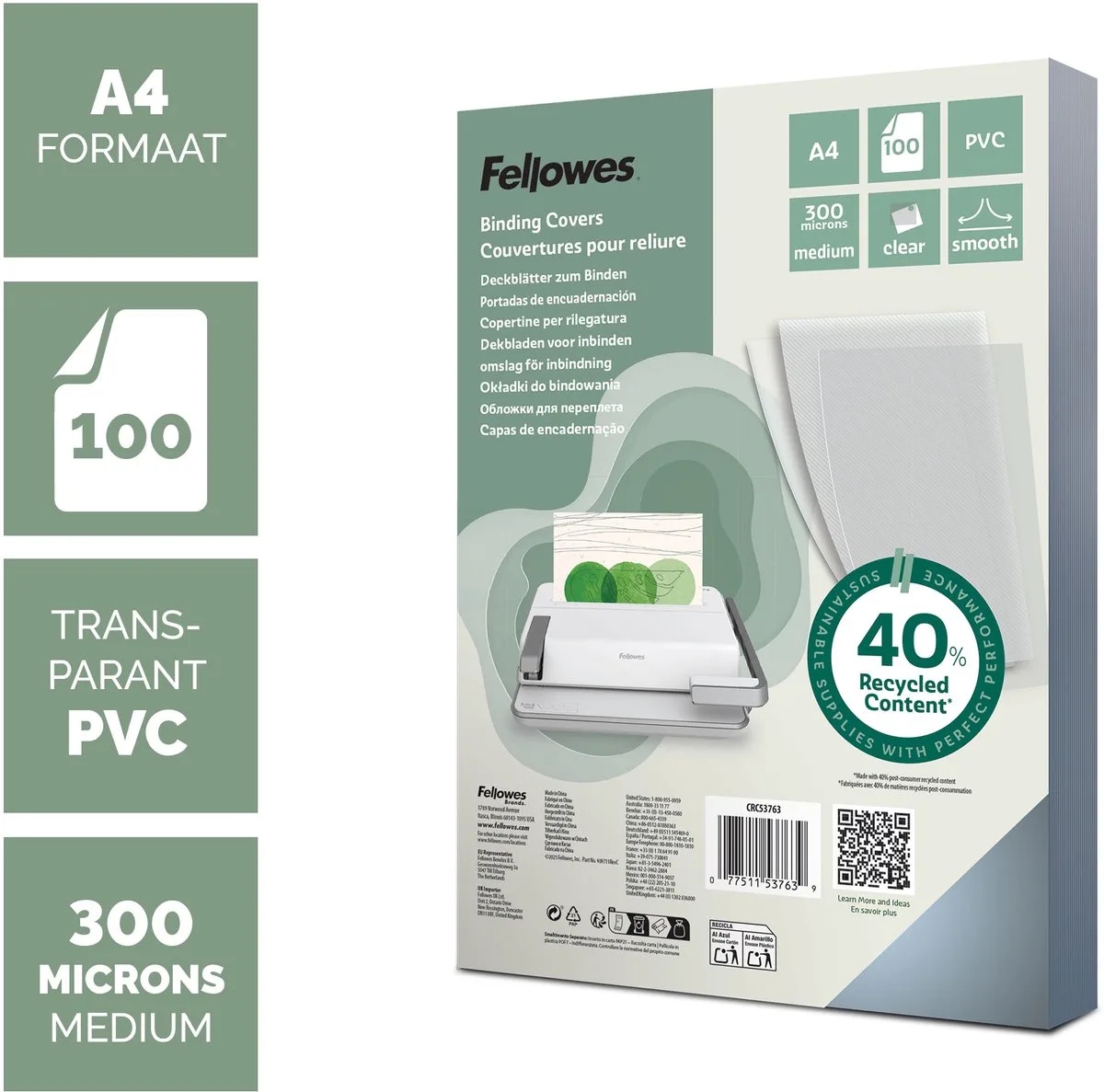 schutbladen A4 - 300 micron – PVC Voorbladen voor Inbindmachine – 100 Stuks van Fellowes in Transparant – productfoto