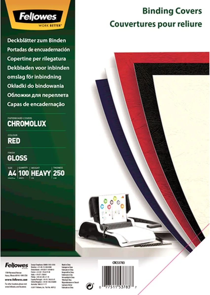 schutbladen Chromolux glanzend, A4 100pk von Fellowes in Rot – Produktfoto