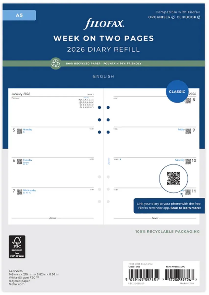Filofax 2026 A5 Recycled Paper Diary - Week On Two Pages de Filofax en Blanc – photo produit