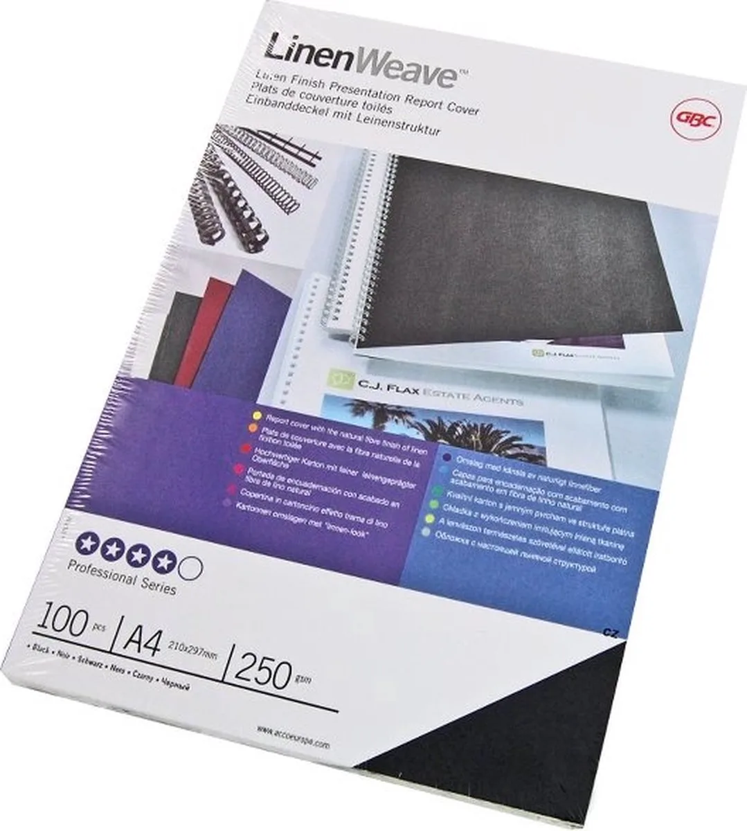 LinenWeave - Binding cover - A4 (210 x 297 mm) - 250 g/m2 - 100 Stck. - für CombBind C110, C20, C210, C25, C250PRO, C75, DB28Pro, WireBind W20, W25E (CE050010) von GBC in Schwarz – Produktfoto