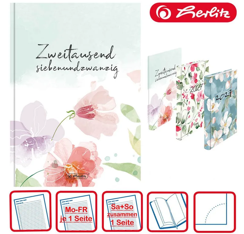 Buchkalender A5 Rainbow 2027 Blumen pastell fra Herlitz – produktbillede