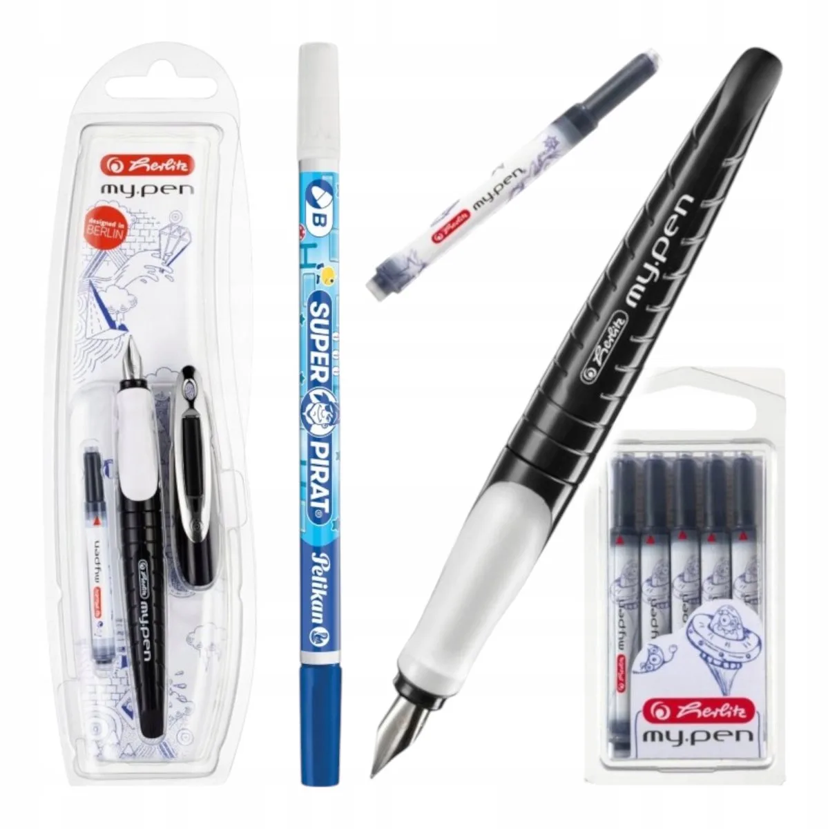 my.pen Vulpen Set School Zwart-Wit met Wisser & Patronen de Herlitz – photo produit