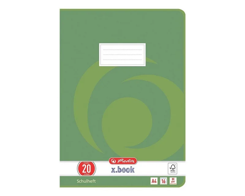 Schulheft x.book, A4, blanko (Lineatur 20), ungelocht, 16 Blatt by Herlitz in Green, White – product photo