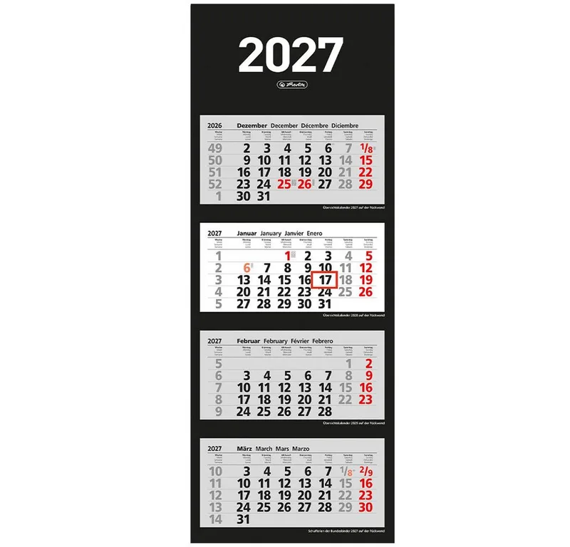 Wandkalender 3 Monate / 4 Monate 2027 4 Monate 2027 Premium Qualität von Herlitz in Mehrfarbig – Produktfoto