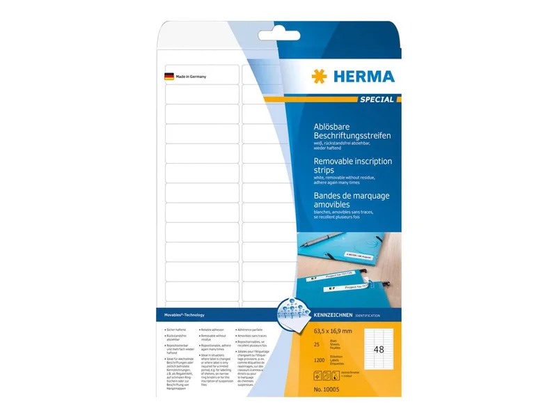 Ablösb. Streifen A4 63,5x16,9 mm weiß Papier 1200 St. van Herma – productfoto