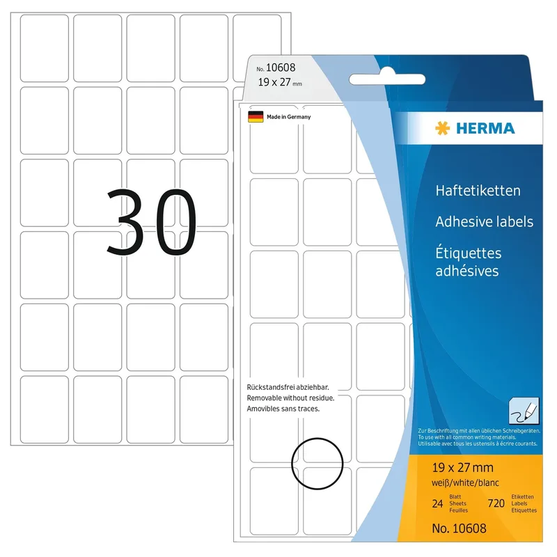 Etiket herma 10608 19x27mm verwijderbaar wit 720st fra Herma – produktbillede