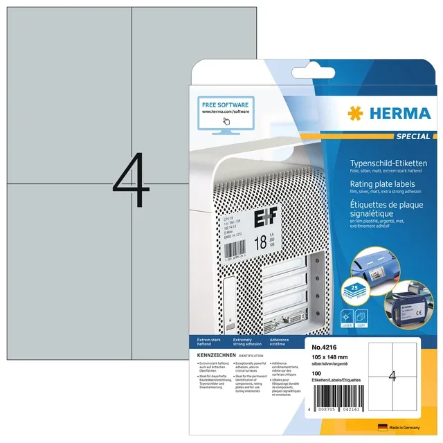 Etiket herma 4216 105x148mm folie 100st zilver | 32 stuks van Herma – productfoto