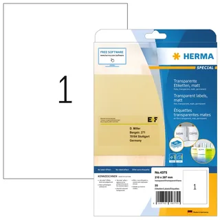 Etiket HERMA 4375 210x297mm A4 transparant 25 stuks de Herma – photo produit 1 sur 2