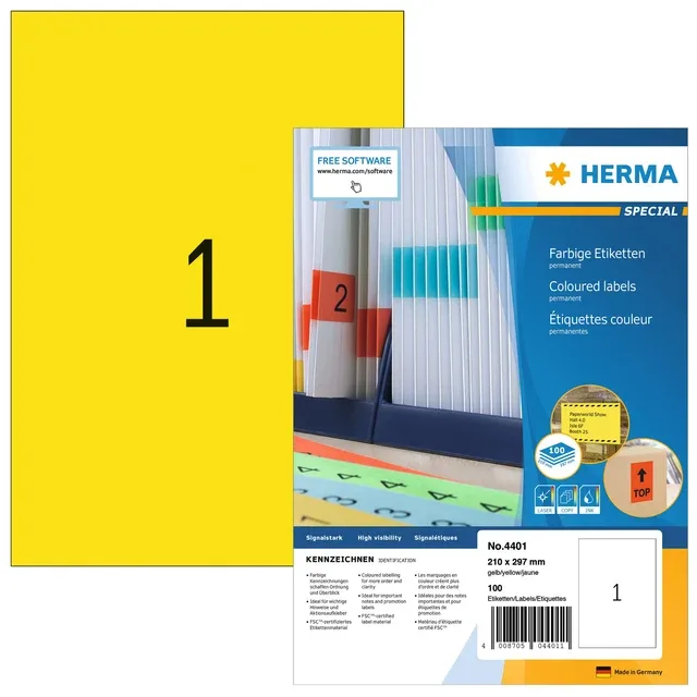 Etiket herma 4401 210x297mm a4 geel 100st | 14 stuks van Herma – productfoto