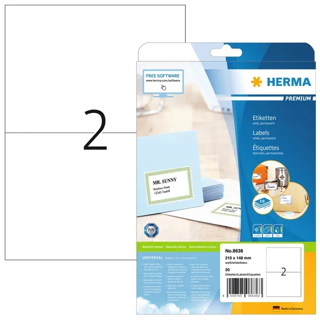 Etiket herma 8636 210x148mm a4 premium wit 20st | 70 stuks van Herma – productfoto