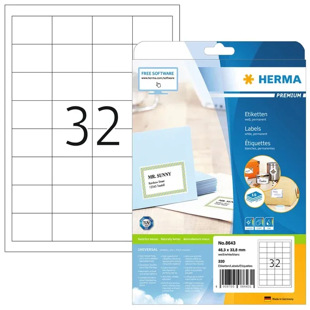 Etiket herma 8643 48.3x33.8mm premium wit 320st | 70 stuks by Herma – product photo