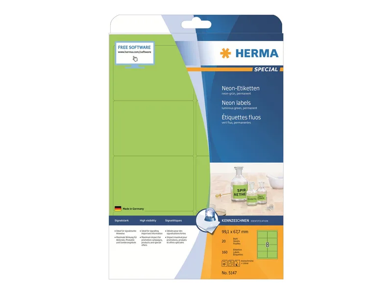 Etiketten A4 neon-grün 99,1x67,7 mm Papier 160 St. von Herma – Produktfoto