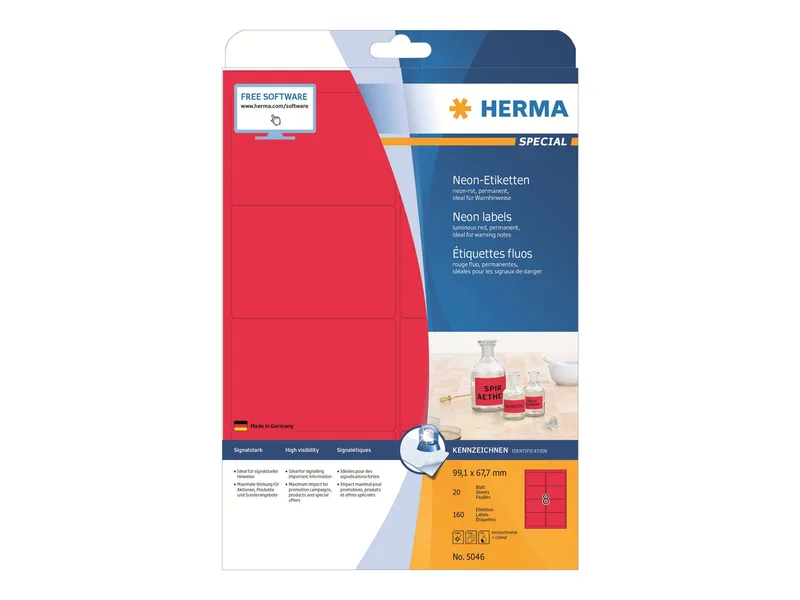 Etiketten A4 neon-rot 99,1x67,7 mm Papier matt 160 St. von Herma – Produktfoto