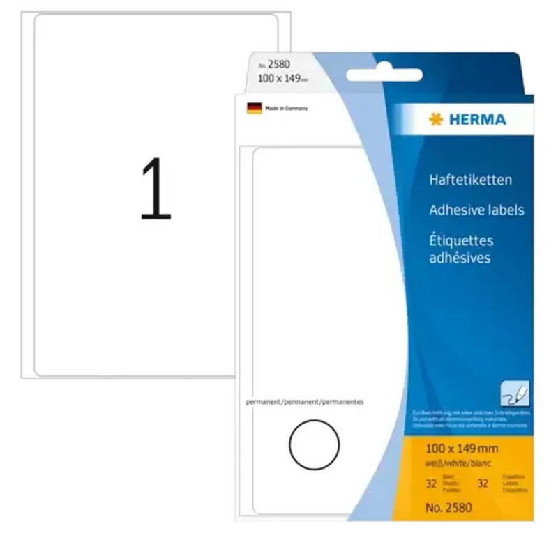 Etiketten Vielzwecketiketten 100 x 149 mm permanent haftend, Permanent haftend und abgerundete Ecken von Herma in Weiß – Produktfoto
