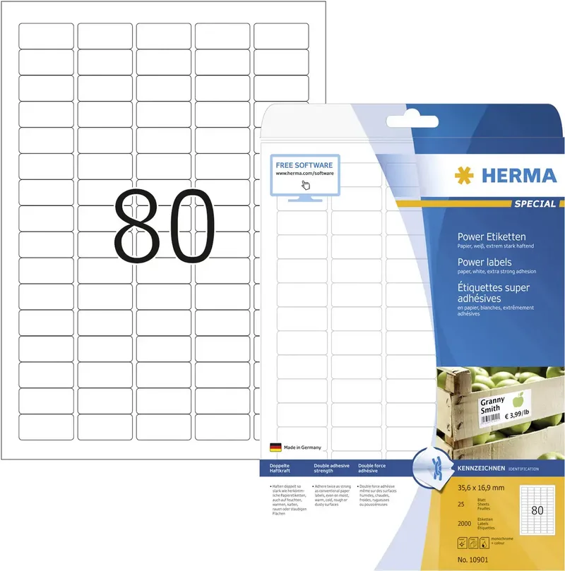 Herma 10901 Universal-Etiketten 35.6 x 16.9 mm Papier Weiß 2000 St. Permanent haftend Tintenstrahldrucker, Laserdrucker, Farblaserdrucker, Kopierer von Herma – Produktfoto